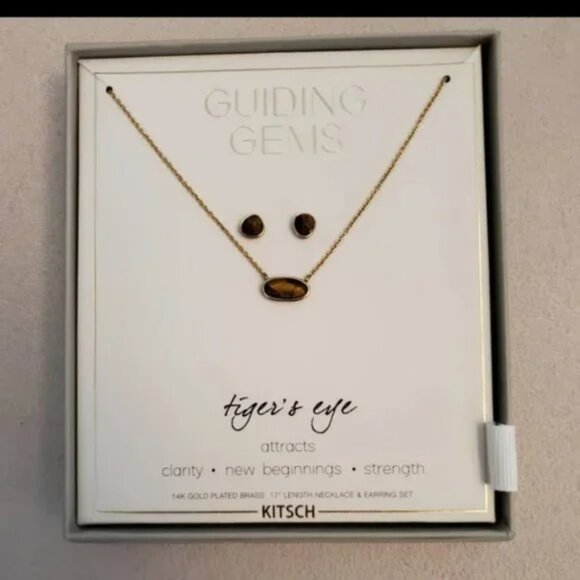 NEW - Tiger's Eye necklace & earring set - 14-karat Gold Plated Brass - Picture 2 of 5